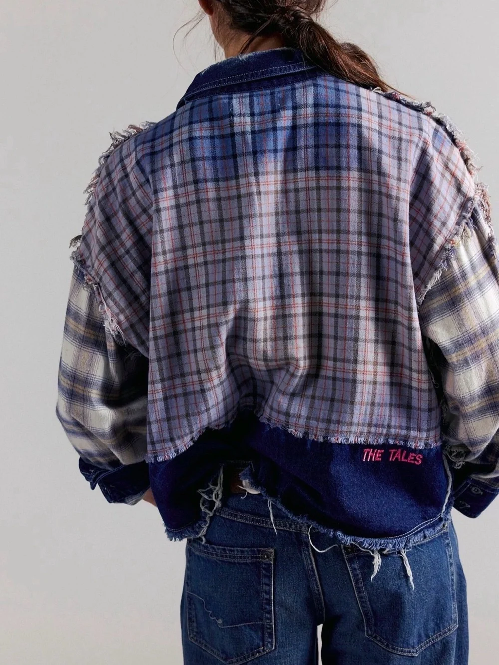 Free People The Tales Mixed Denim Flannel Button Down Plaid Frayed Blue - Picture 4 of 6
